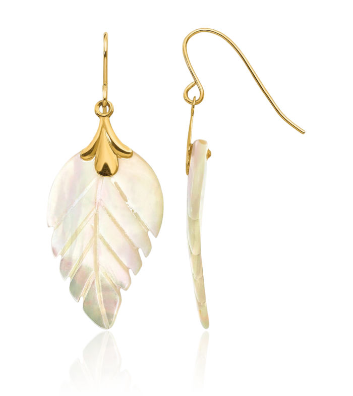 14K Solid Yellow Gold Mother of Pearl Leaf Drop Dangle Earrings