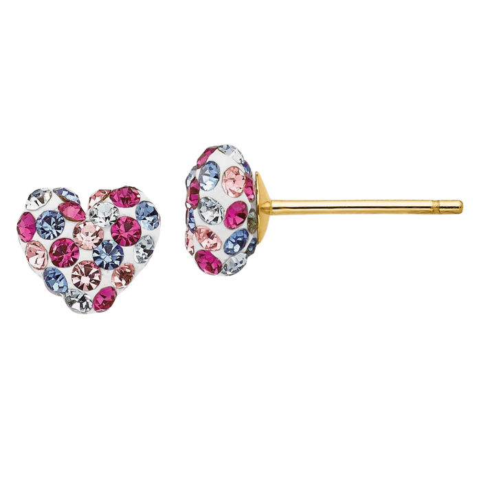 14K Solid Yellow Gold Multi-color Rhinestone Crystals 6mm Heart Stud Earrings