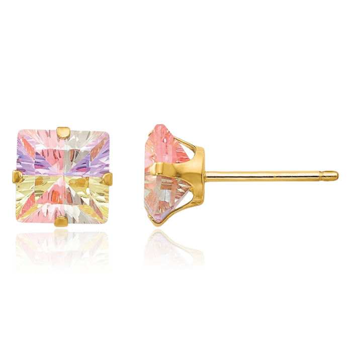 14K Solid Yellow Gold Multi-color Cubic Zirconia CZ 6mm Square Stud Earrings