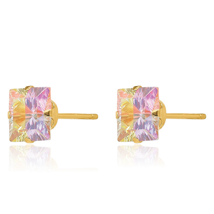 14K Solid Yellow Gold Multi-color Cubic Zirconia CZ 6mm Square Stud Earrings