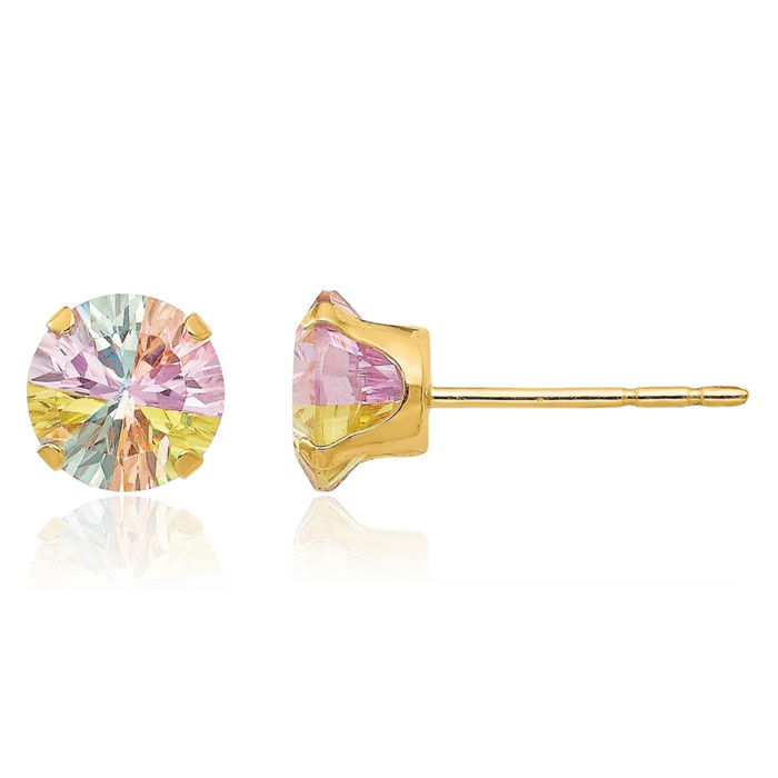 14K Solid Yellow Gold Multi-color Cubic Zirconia CZ 6mm Stud Earrings