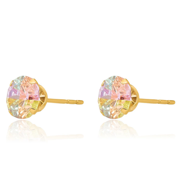 14K Solid Yellow Gold Multi-color Cubic Zirconia CZ 6mm Stud Earrings