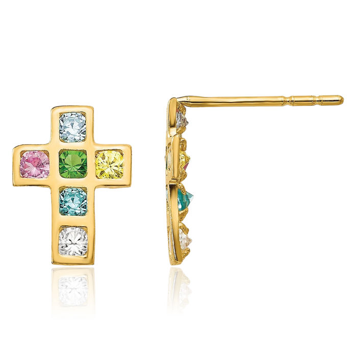 14K Solid Yellow Gold Multi-color Cubic Zirconia CZ Holy Cross Drop Dangle Christian Religious Stud Earrings