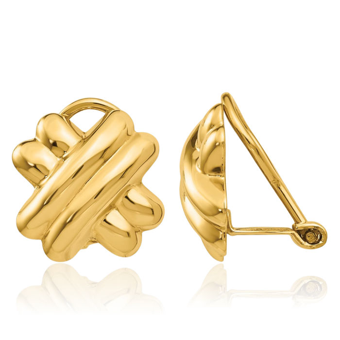 14K Solid Yellow Gold Non Pierced Clip On Crisscross Stud Earrings