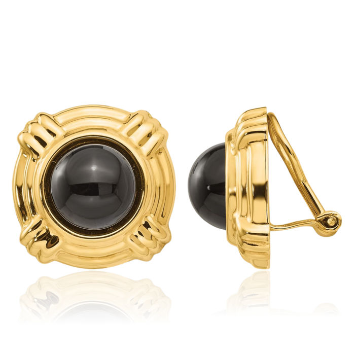 14K Solid Yellow Gold Omega Clip Black Onyx Non Pierced On Stud Earrings