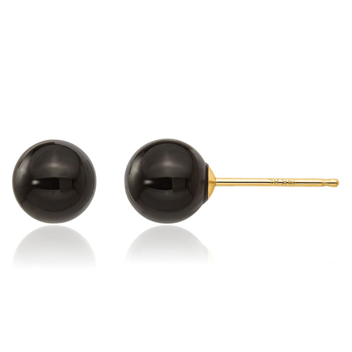 14K Solid Yellow Gold Black Onyx Bead Stud Earrings