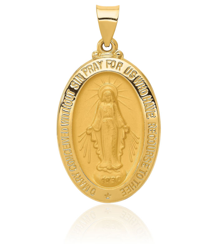 14K Solid Yellow Gold Our Lady of Miraculous Medal Blessed Virgin Mary Necklace Chain Pendant Charm