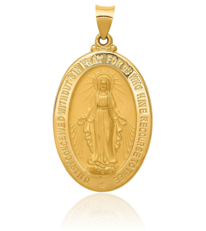 14K Solid Yellow Gold Our Lady of Miraculous Medal Blessed Virgin Mary Necklace Chain Pendant Charm