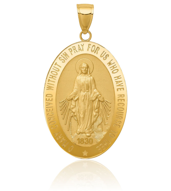 14K Solid Yellow Gold Our Lady of Miraculous Medal Blessed Virgin Mary Necklace Chain Pendant Charm