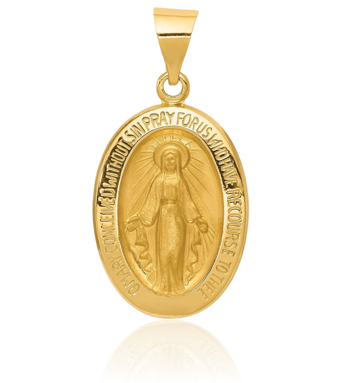 14K Solid Yellow Gold Our Lady of Miraculous Medal Blessed Virgin Mary Necklace Chain Pendant Charm