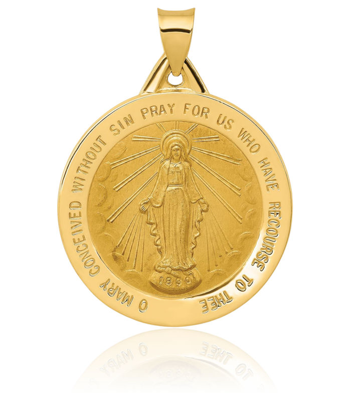 14K Solid Yellow Gold Our Lady of Miraculous Medal Blessed Virgin Mary Necklace Chain Pendant Charm