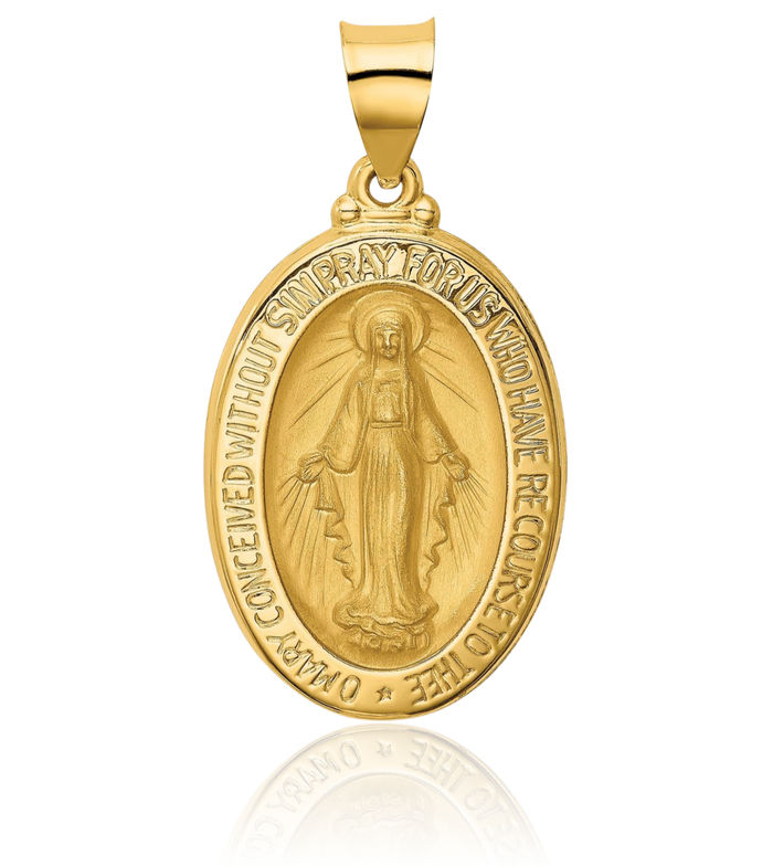 14K Solid Yellow Gold Our Lady of Miraculous Medal Blessed Virgin Mary Necklace Chain Pendant Charm