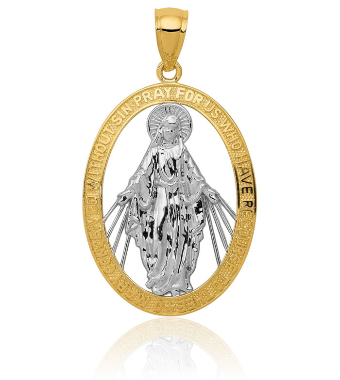 14K Solid Yellow Gold Our Lady of Miraculous Medal Blessed Virgin Mary Necklace Chain Pendant Charm