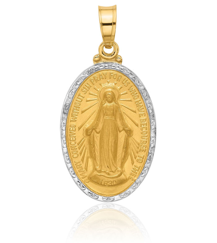 14K Solid Yellow Gold Our Lady of Miraculous Medal Blessed Virgin Mary Oval Necklace Chain Pendant Charm