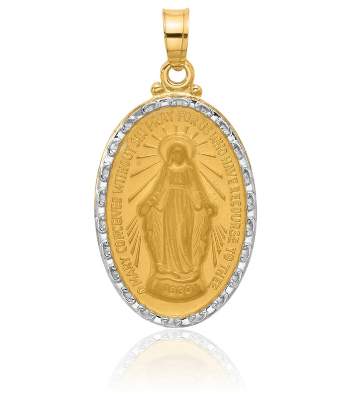 14K Solid Yellow Gold Our Lady of Miraculous Medal Blessed Virgin Mary Oval Necklace Chain Pendant Charm