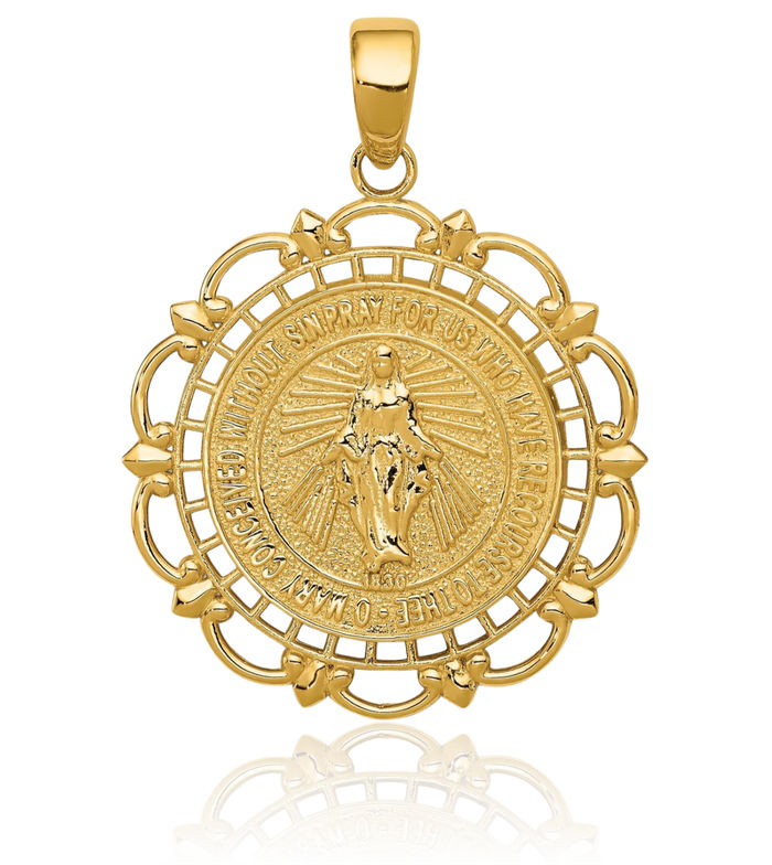 14K Solid Yellow Gold Our Lady of Miraculous Medal Blessed Virgin Mary Scallop Necklace Chain Pendant Charm