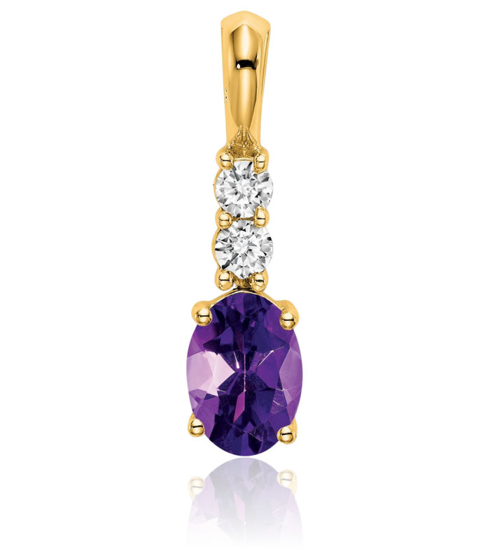 14K Solid Yellow Gold Oval Purple Amethyst Diamond Necklace Gemstone Pendant Charm February Birthstone Jewelry