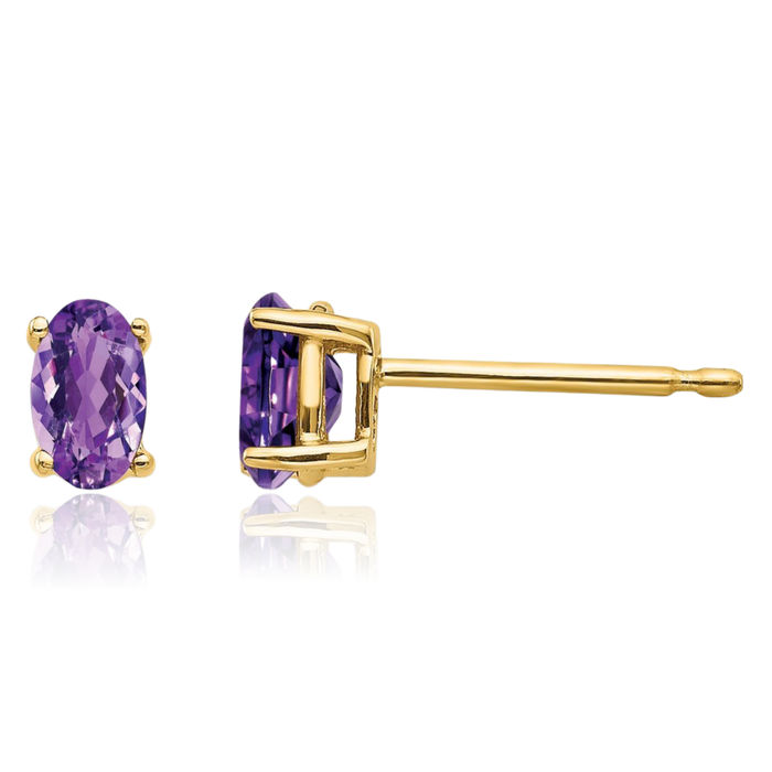 14K Solid Yellow Gold Oval Purple Amethyst Studs Gemstone Solitaire Earrings February Birthstone Jewelry