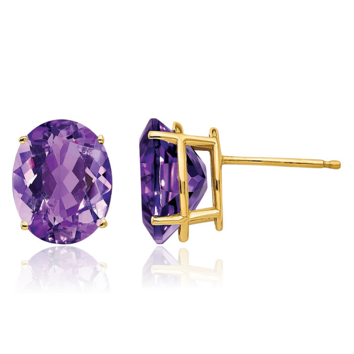 14K Solid Yellow Gold Oval Purple Amethyst Studs Gemstone Solitaire Earrings February Birthstone Jewelry