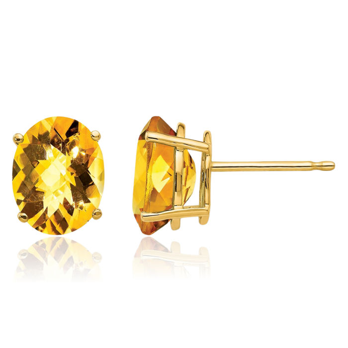 14K Solid Yellow Gold Oval Orange Citrine Checker Studs Gemstone Solitaire Earrings November Birthstone Jewelry