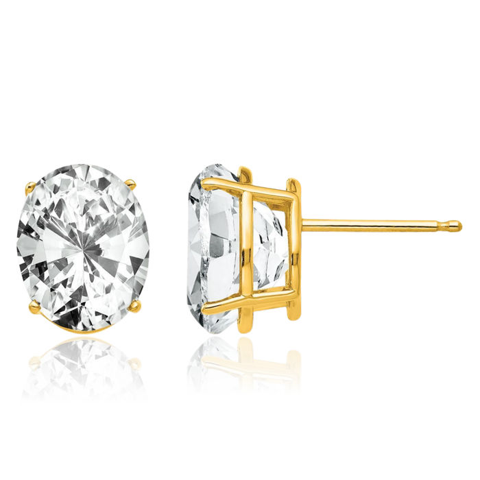 14K Solid Yellow Gold Oval Cubic Zirconia CZ Stud Solitaire Earrings April Birthstone Jewelry