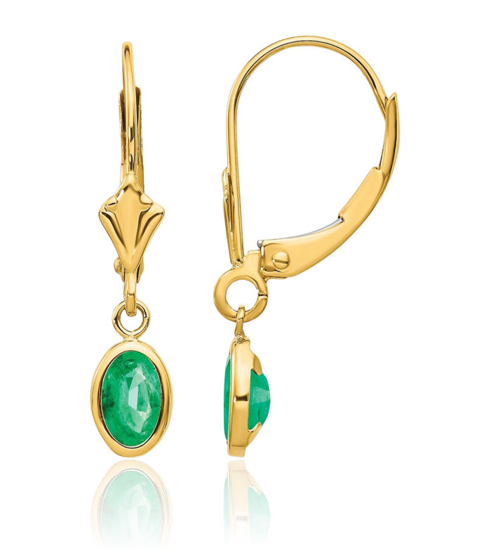 14K Solid Yellow Gold Oval Green Emerald Drop Dangle Earrings May Birthstone Jewelry