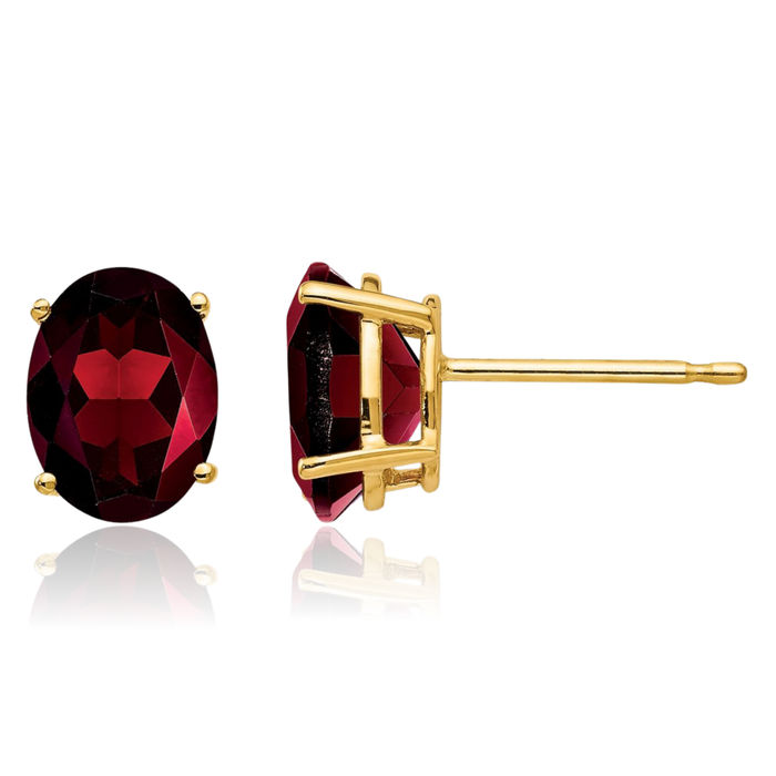 14K Solid Yellow Gold Oval Red Garnet Studs Gemstone Solitaire Earrings January Birthstone Jewelry