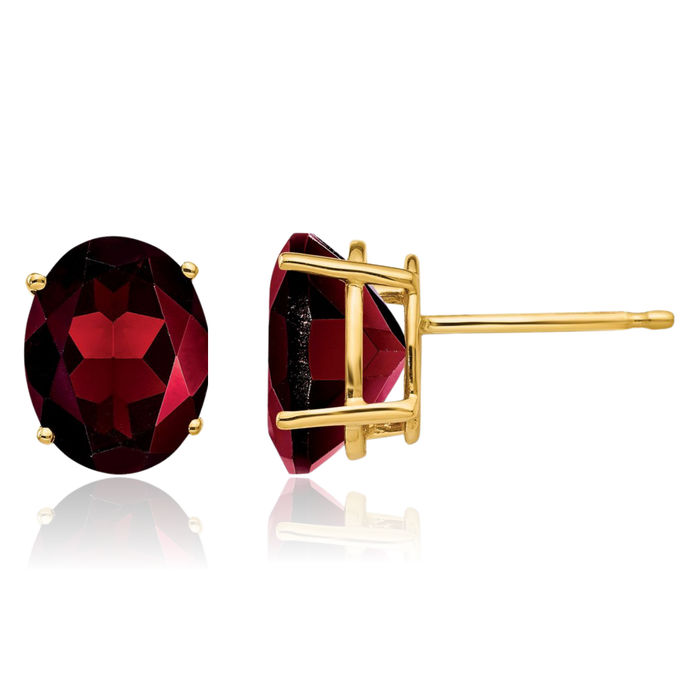 14K Solid Yellow Gold Oval Red Garnet Studs Gemstone Solitaire Earrings January Birthstone Jewelry