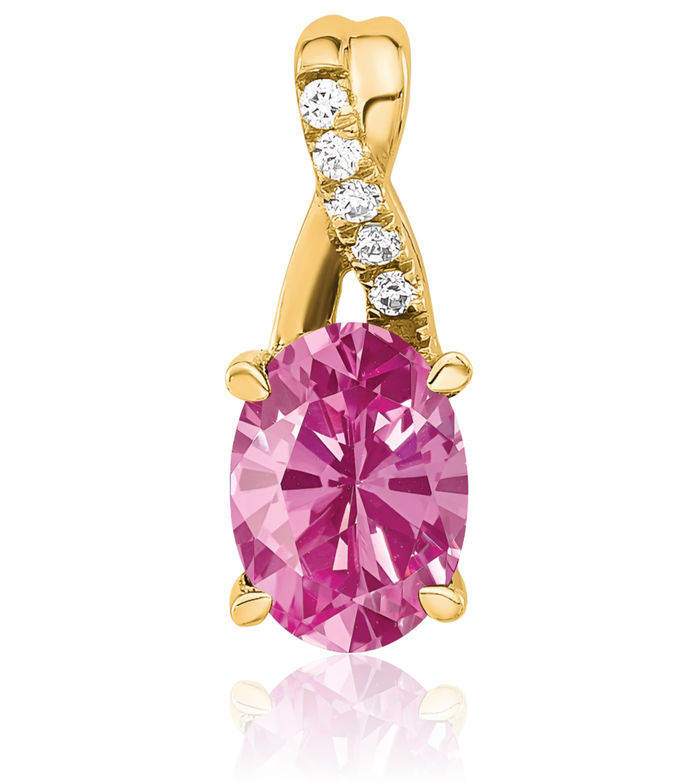 14K Solid Yellow Gold Oval Lab Pink Sapphire Diamond Necklace Gemstone Pendant Charm April October Birthstone Jewelry