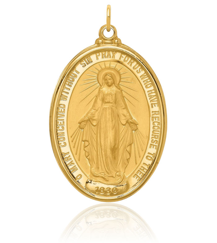 14K Solid Yellow Gold Oval Our Lady of Miraculous Medal Blessed Virgin Mary Necklace Chain Pendant Charm