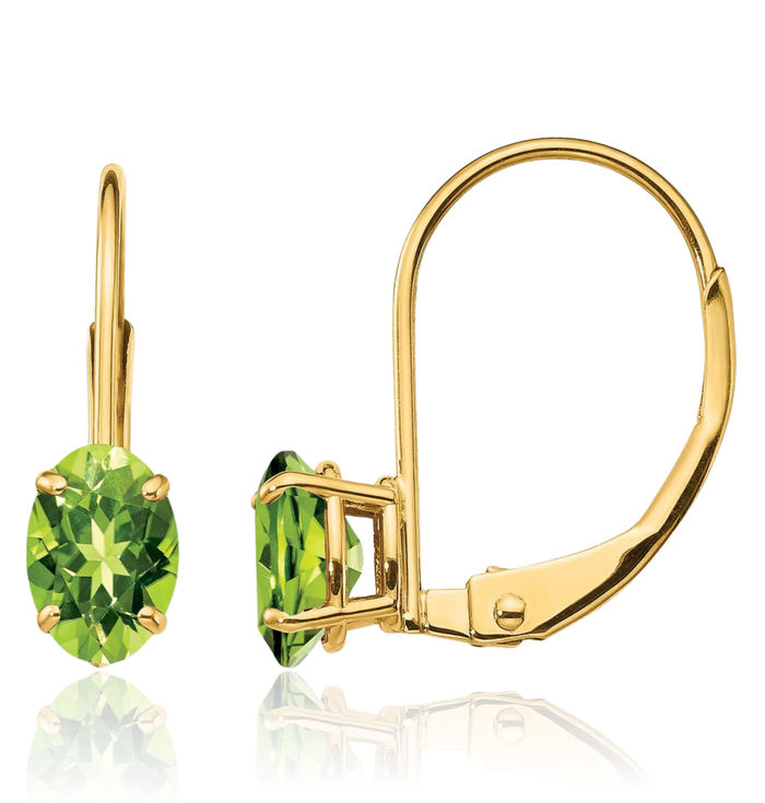 14K Solid Yellow Gold Oval Green Peridot Drop Dangle Earrings Gemstone