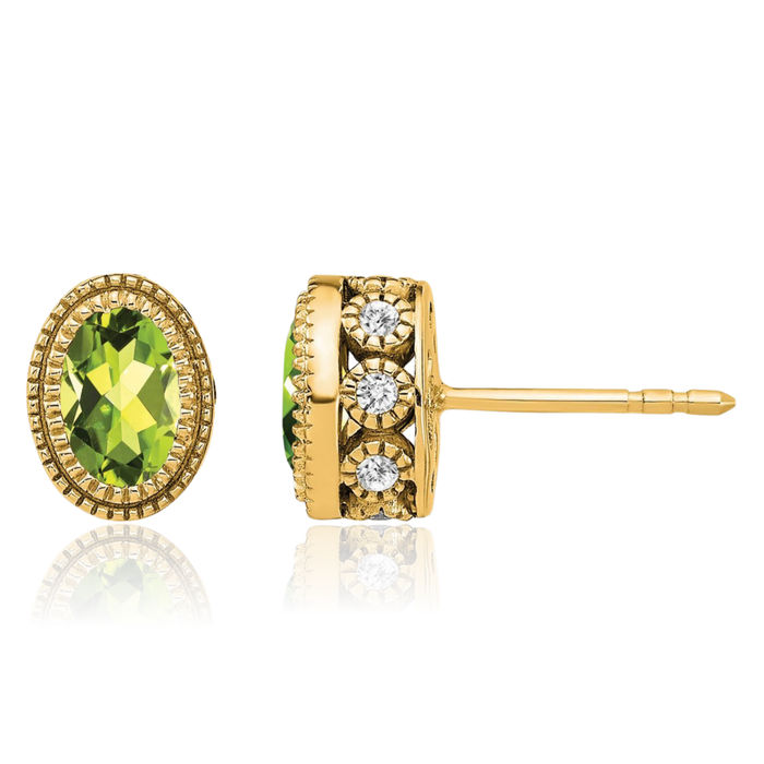 14K Solid Yellow Gold Oval Green Peridot Diamond Stud Earrings August Birthstone Jewelry