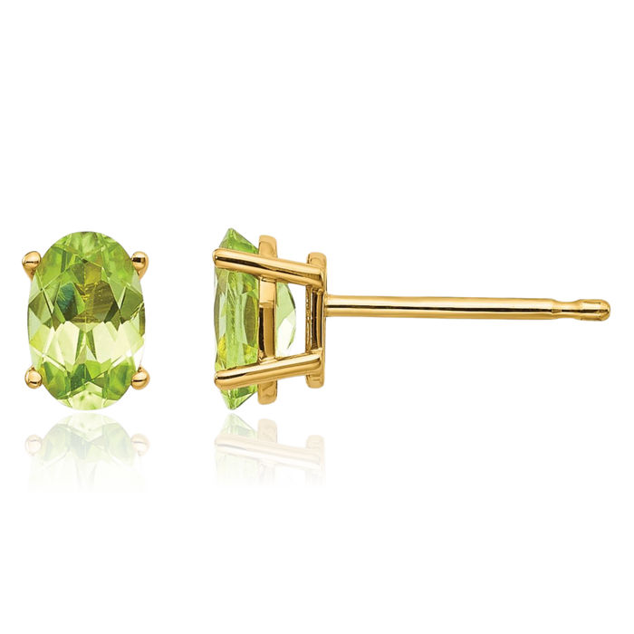 14K Solid Yellow Gold Oval Green Peridot Studs Gemstone Solitaire Earrings August Birthstone Jewelry