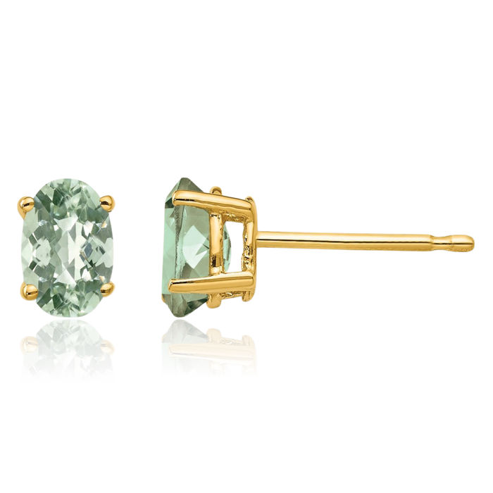 14K Solid Yellow Gold Oval Checker Cut Green Quartz Studs Gemstone Solitaire Earrings August Birthstone Jewelry