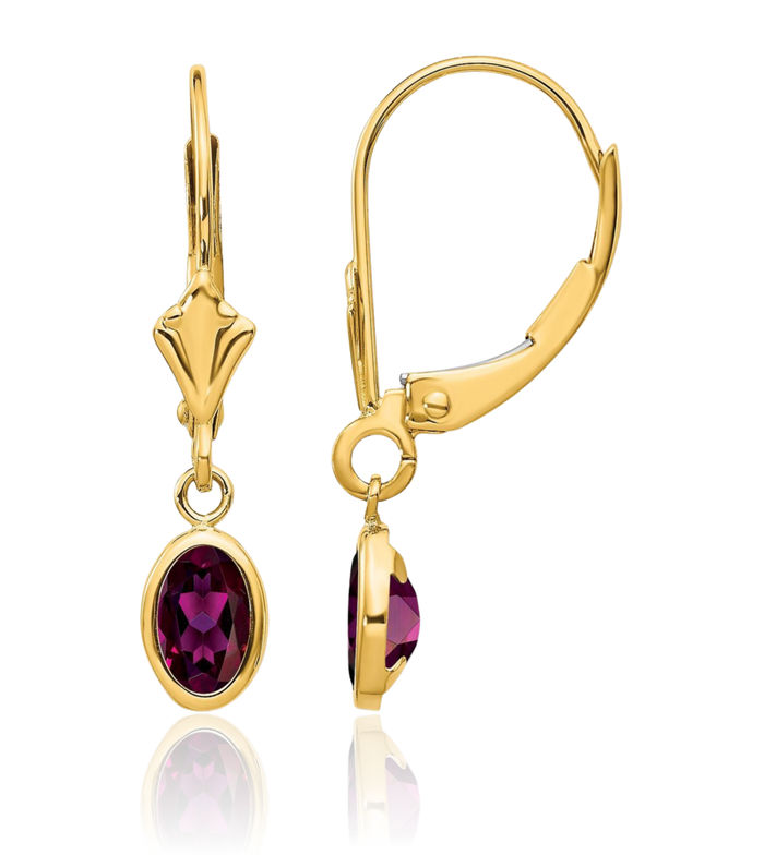 14K Solid Yellow Gold Oval Rhodolite Drop Dangle Earrings June Birthstone Jewelry