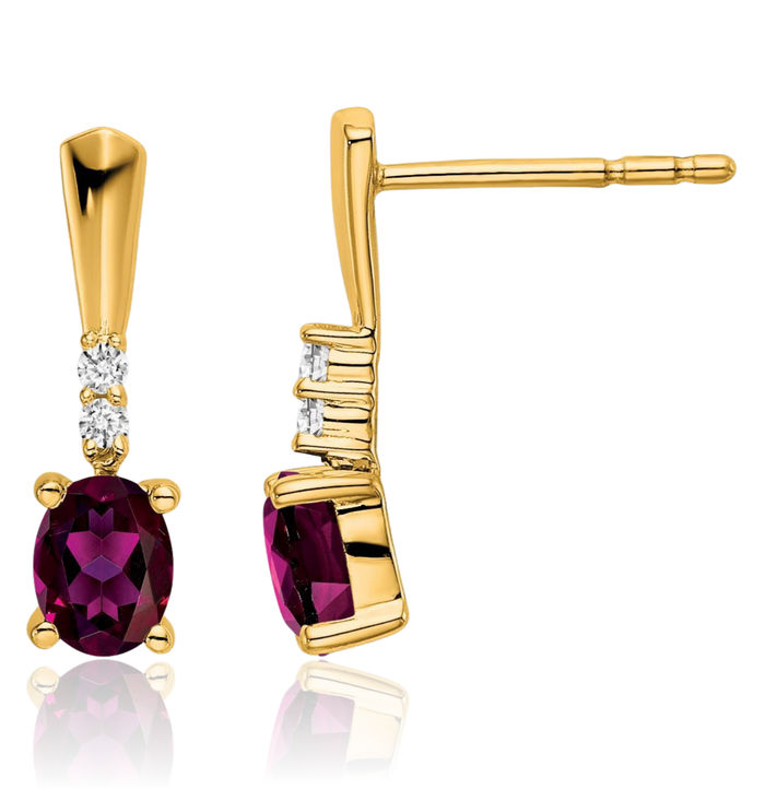 14K Solid Yellow Gold Oval Purple Rhodolite Garnet Diamond Drop Dangle Earrings Gemstone Post Push Back June Birthstone Jewelry