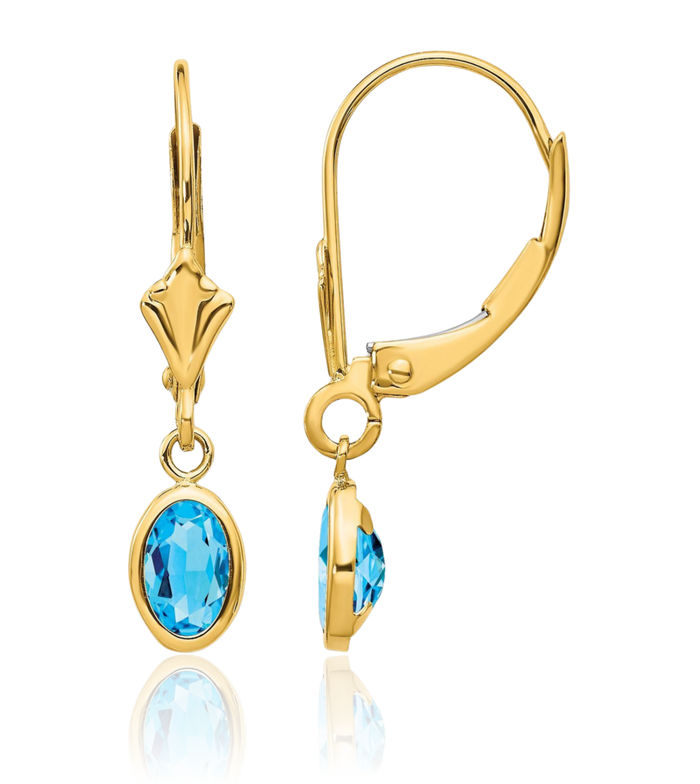 14K Solid Yellow Gold Oval Swiss Blue Topaz Drop Dangle Earrings December Birthstone Jewelry