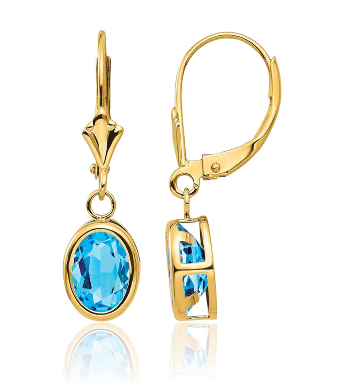 14K Solid Yellow Gold Oval Swiss Blue Topaz Drop Dangle Earrings Gemstone December Birthstone Jewelry