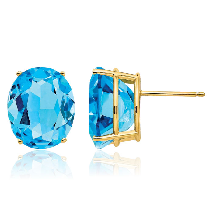 14K Solid Yellow Gold Oval Swiss Blue Topaz Studs Gemstone Solitaire Earrings December Birthstone Jewelry