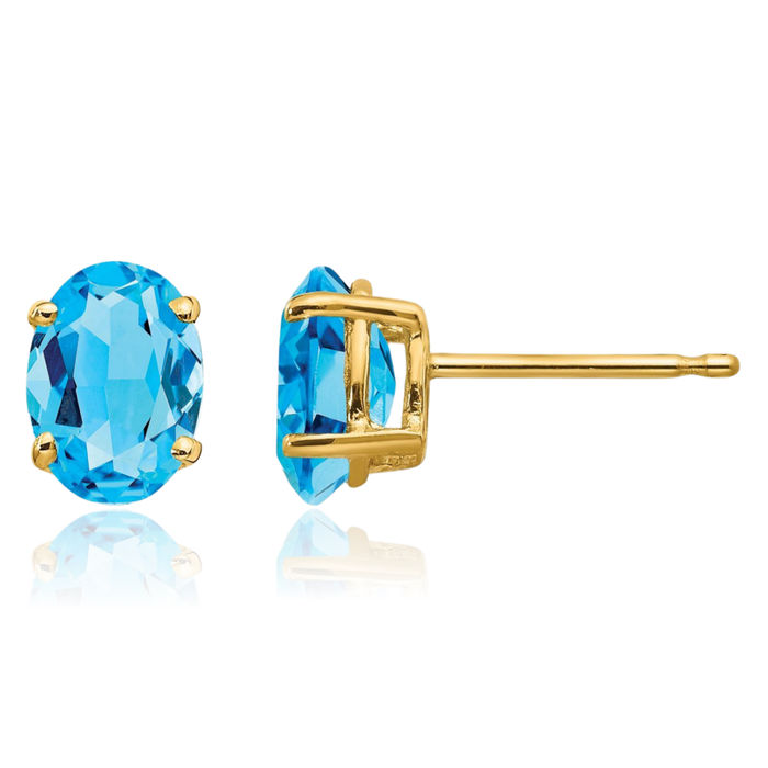 14K Solid Yellow Gold Oval Swiss Blue Topaz Studs Gemstone Solitaire Earrings December Birthstone Jewelry