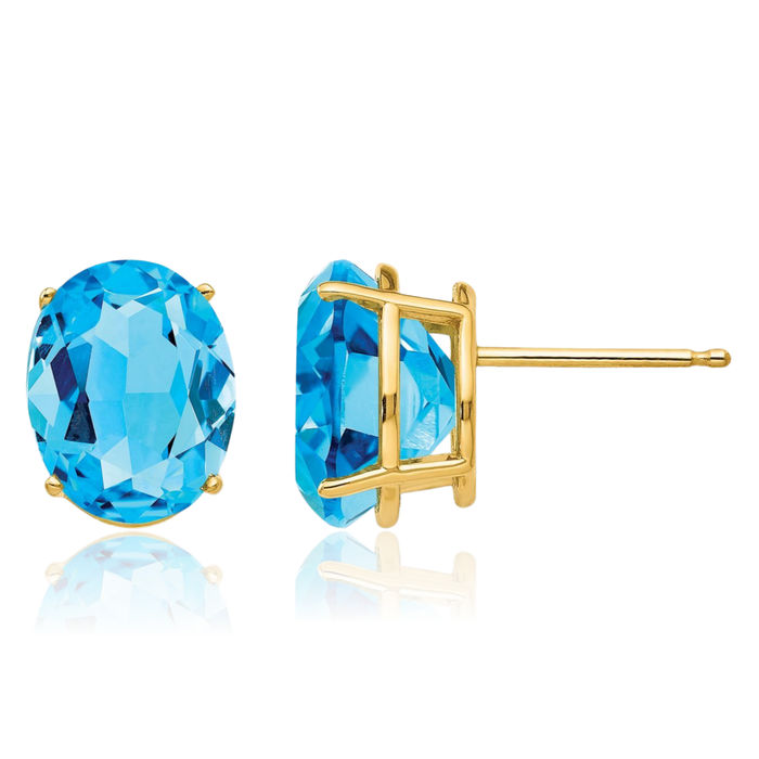 14K Solid Yellow Gold Oval Swiss Blue Topaz Studs Gemstone Solitaire Earrings December Birthstone Jewelry