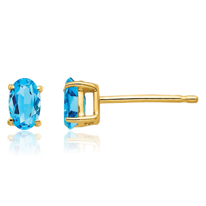 14K Solid Yellow Gold Oval Swiss Blue Topaz Studs Gemstone Solitaire Earrings December Birthstone Jewelry