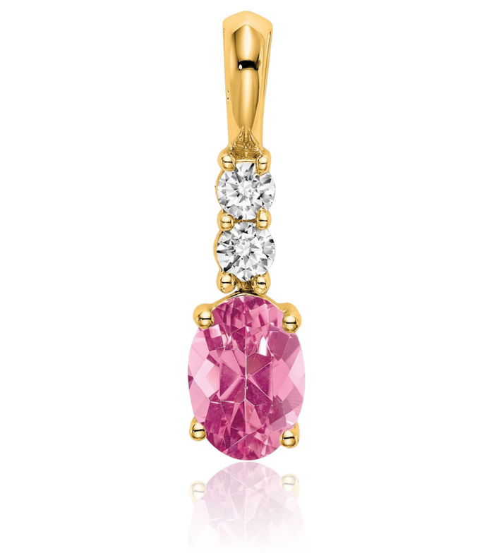 14K Solid Yellow Gold Oval Pink Tourmaline Diamond Necklace Gemstone Pendant Charm April October Birthstone Jewelry