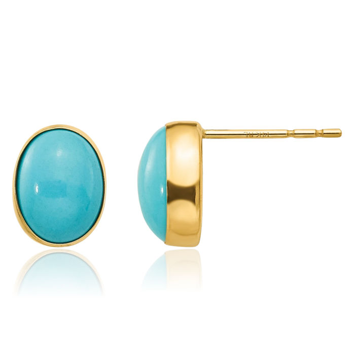 14K Solid Yellow Gold Oval Blue Turquoise Stud Earrings