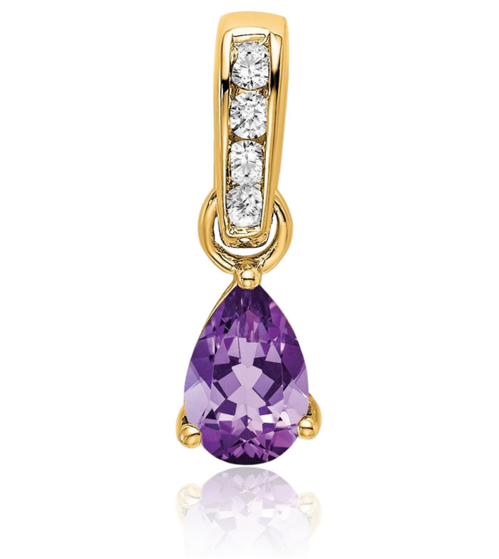 14K Solid Yellow Gold Pear Purple Amethyst Diamond Necklace Gemstone Pendant Charm February Birthstone Jewelry