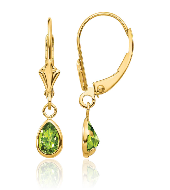 14K Solid Yellow Gold Green Peridot Drop Dangle Earrings Pear Teardrop Gemstone August Birthstone Jewelry