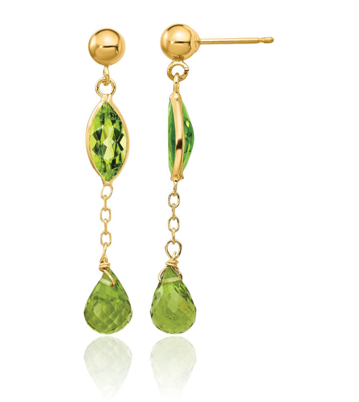 14K Solid Yellow Gold Green Peridot Drop Dangle Earrings Gemstone Post Push Back