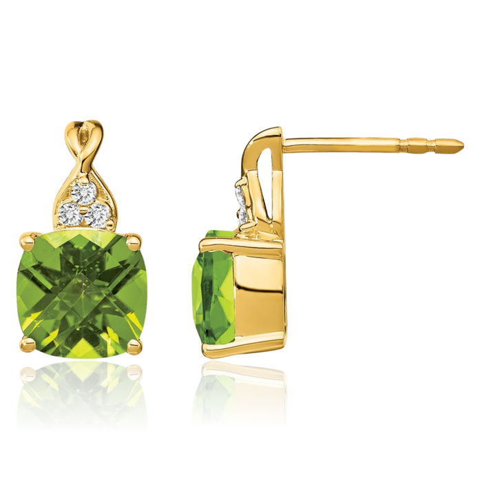 14K Solid Yellow Gold Green Peridot Diamond Drop Dangle Earrings August Birthstone Jewelry