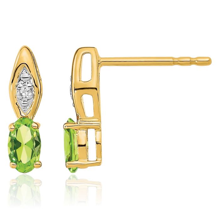 14K Solid Yellow Gold Green Peridot Diamond Stud Earrings August Birthstone Jewelry