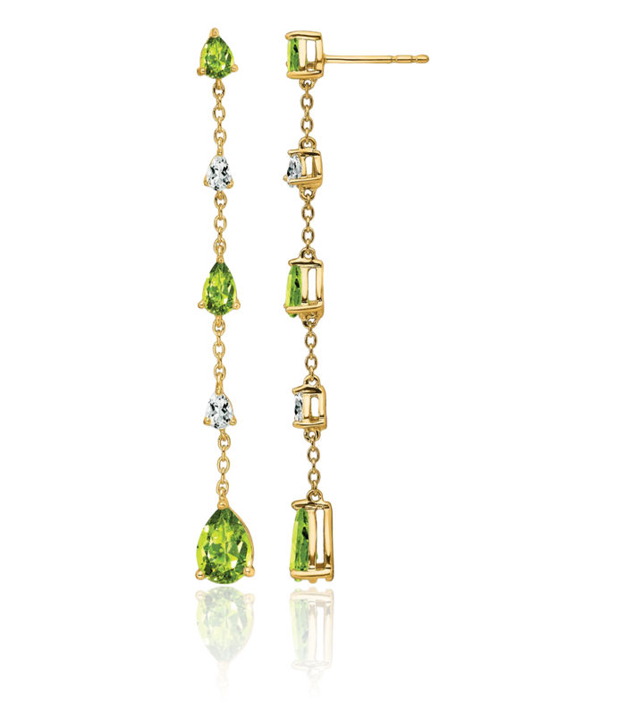 14K Solid Yellow Gold Green Peridot White Topaz Drop Dangle Earrings Pear Teardrop Gemstone